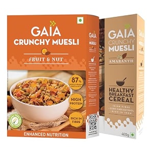 gaia crunchy muesli combo pack fruit and nut 400 gm and amaranth 400 gm with essential vitamins minerals and antioxidants high in fiber protein with zero trans fat super saver pack