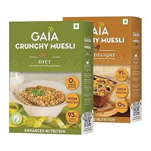 gaia muesli combo pack nutty delight 400 gm and diet sugar free 400 gm high fiber no trans fat  essential nutrients  rich in protein no cholesterol helps in weight management super saver pack