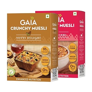gaia muesli combo pack nutty delight 400 gm and strawberry crunchy 400 gm high fiber source of protein zero trans fat light and wholesome breakfast choice healthy and nutritioussuper saver pack