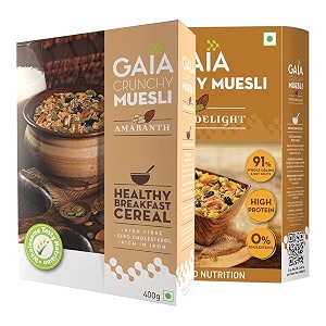 gaia muesli combo pack nutty delight 400 gm and amaranth 400 gmhigh fiber source of iron no trans fat helps in weight management combined with almonds and raisins super saver pack