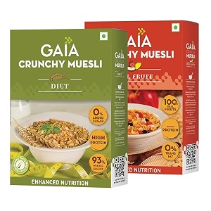 gaia muesli combo pack real fruit 400 gm and diet 400 gm high fiberno trans fat loaded with essential nutrientsrich in proteinno cholesterolhelps in weight managementlight and wholesome breakfast choice super saver pack