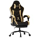 Gaming Chair with Footrest, Ergonomic 330lbs Leather Mesh Chair, Massage Lumbar Support, Adjustable Height &amp; Headrest Pillow, Breathable Seat for Office, Home, Streaming, Long Gaming Sessions, Gold
