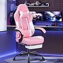 Gaming Chair with Footrest, High Back Ergonomic Computer Chair, Height Adjustable Game Chair with Headrest and Lumbar Support for Office or Gaming (Pink with Massage)