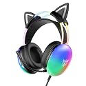 Cat Ear Gaming Headset with Microphone, RGB Rainbow Lighting, Surround Sound, 3.5mm Wired Over-Ear Headphones for PC/PS4/PS5/Switch/Laptop, Lightweight and Adjustable Headband