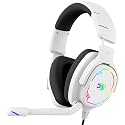 Jimonyer Gaming Headset with Microphone, 7.1 Surround Sound and Noise Canceling Over Ear Headphones for PC, PS4, PS5,Xbox Series,Switch, RGB Light and Soft Imitation Protein Earmuffs (White)