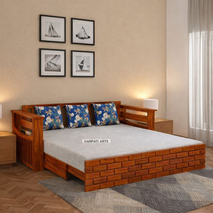 ganpati arts italian sheesham wood sofa bed for home with mini storage and side pockets  3 seater double solid wood pull out sofa cum bed