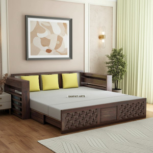 ganpati arts raj sheesham wood sofa bed for home with mini storage and side pockets  3 seater double solid wood pull out sofa cum bed