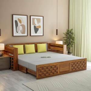 ganpati arts raj sheesham wood sofa bed for home with mini storage and side pockets  3 seater double solid wood pull out sofa cum bed