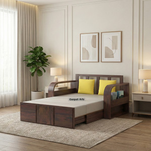 ganpati arts scott sheesham wood sofa bed for home with mini storage and side pockets  2 seater double solid wood pull out sofa cum bed