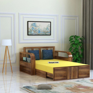 ganpati arts scott sheesham wood sofa bed for home with mini storage and side pockets  2 seater double solid wood pull out sofa cum bed