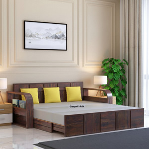 ganpati arts scott sheesham wood sofa bed for home with mini storage and side pockets  3 seater double solid wood pull out sofa cum bed