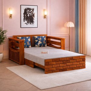 ganpati arts italian sheesham wood sofa bed for home with mini storage and side pockets  2 seater double solid wood pull out sofa cum bed