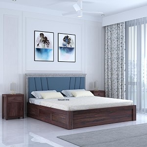 ganpati arts solid sheesham wood emporio king size bed with box storage and upholstered headboard  wooden double bed cot palang furniture for bedroom living room home and hotel walnut finish