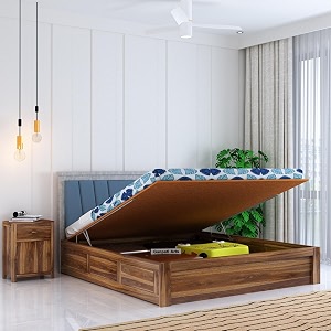 ganpati arts solid sheesham wood emporio queen size bed with hydraulic box storage and upholstered headboard wooden double bed cot palang furniture for bedroom living room home teak finish