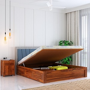 ganpati arts solid sheesham wood emporio queen size bed with hydraulic box storage and upholstered headboard wooden double bed cot palang furniture for bedroom living room home natural finish