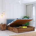 Ganpati Arts Solid Sheesham Wood Emporio King Size Bed with Hydraulic Box Storage and Upholstered Headboard Wooden Double Bed Cot Palang Furniture for Bedroom Living Room Home (Teak Finish)