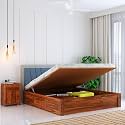 Ganpati Arts Solid Sheesham Wood Emporio Queen Size Bed with Hydraulic Box Storage and Upholstered Headboard Wooden Double Bed Cot Palang Furniture for Bedroom Living Room Home (Natural Finish)
