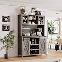 GAOMON 70'' Wine Coffee Bar Cabinet with Hutch, Farmhouse Kitchen Pantry Liquor Cabinet with Sliding Barn Doors, Wine &amp; Glass Racks, Adjustable Shelves, Buffet Storage for Dining Room, Gray Oak