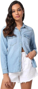 GAP Women Solid Casual Dark Blue Shirt
