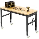 48" Garage Work Bench，Heavy Duty Wood Work Bench with Power Outlets and Wheels, Max 2000 Lbs Load Capacity,Work Table for Garage, Workshop, Office, Home (48x20 with Wheel)