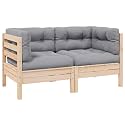 Modern 2-Seater Garden Sofa Set of 2 Gray, Modular Outdoor Furniture with Solid Pine Wood Frame and Weatherproof Polyester Cushions for Patio Balcony Seating