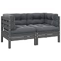 2-Seater Garden Sofa Set of 2 Grey Solid Pinewood Medium, Modular Design Corner Sofa with Weather-Resistant Materials and Comfy Cushions for Outdoor Lounging, Sturdy Build