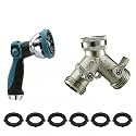 Garden Hose Nozzle & Nickel Plated Solid Brass Hose Splitter Combo, Heavy Duty Metal Water Sprayer & 2 Way Y Splitter, Leak-Proof Thumb Control Nozzle for Watering, Car Washing & Pet Shower