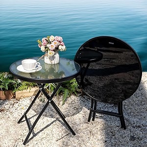 garden table outdoor dining table with tempered glass top  folding coffee amp balcony table with weatherproof metal legs  portable installation-free table for garden 1 pc