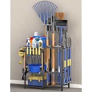 garden tool organizer metal yard tool organizerholds 70 long-handled toolsrakesbroomsside garden pocketheavy duty steel yard tool storage rack for garageshed outdoorblack-large