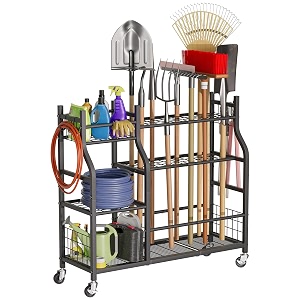 garden tool organizer with wheels for garage and shed spacious tool storage multi-tier design with side hooks for rakes shovels brooms and yard tools rolling cart