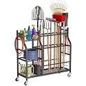Garden Tool Organizer with Wheels for Garage and Shed, Spacious Tool Storage, Multi-Tier Design with Side Hooks for Rakes, Shovels, Brooms, and Yard Tools Rolling Cart