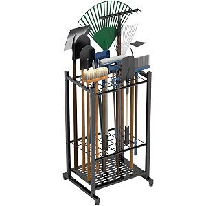 garden tool organizer yard tool tower rack for garage organization and storage up to 35 long-handled toolsrakesbrooms heavy duty steel garden tool stand for shed outdoor black