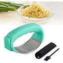 Garlic Press Rocker, 2024 New Upgraded Stainless Steel Garlic Presser with Peeler and Cleaning Brush, Garlic Chopper for Smash Garlic Kitchen Gadgets Tools (Green)