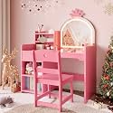 Garvee Kids Vanity with Lighted Mirror, 2 in 1 Princess Vanity Set Toddler Table &amp; Chair Set with Open Bookshelf, Storage Cabinet &amp; Shelves for Little Girls, Pink