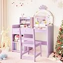 Garvee Kids Vanity with Lights, 2 in 1 Princess Makeup Vanity Desk Toddler Vanity Table &amp; Chair Set with Open Bookshelf, Storage Cabinet &amp; Shelves for Little Girls, Purple