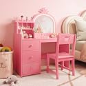 Garvee Kids Vanity with Lights, 2 in-1 Wooden Toddler Vanity Table with Stool &amp; Drawer,Princess Pretend Play Makeup Vanity Princess Makeup Desk Dressing Table for Little Girls,Christmas Birthday Gift