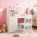 Garvee Kids Vanity with Lights, 2 in-1 Wooden Toddler Vanity Table with Stool &amp; Drawer,Princess Pretend Play Makeup Vanity Princess Makeup Desk Dressing Table for Little Girls,Christmas Birthday Gift