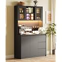 Garvee Kitchen Pantry Cabinet,71 in Tall Storage Cabinet with Doors and Shelves Adjustable, Kitchen Storage Hutch with Microwave Shelf, Led Lights and Charging Station,Corner Pantry Cabinet, Black