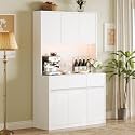 Garvee Kitchen Pantry Cabinet,71 in Tall Storage Cabinet with Doors&amp;Shelves Adjustable, Kitchen Storage Hutch with Microwave Shelf, Led Lights&amp;Charging Station,Corner Pantry Cabinet