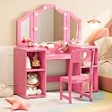 Garvee Princess Vanity Table &amp; Chair Set for Girls with Tri-Folding Mirror, Touch Light Vanity Desk with Storage &amp; High Back Chair - Convertible to Writing Desk, Gift for Girls