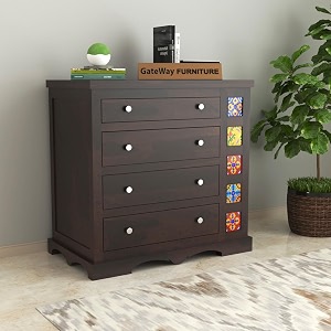 gateway furniture solid sheesham wood wooden chest of drawers with 4 drawer storage  multipurpose storage cabinet rack for bedroom home living room ethan walnut finish