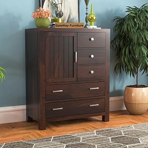 gateway furniture rustic 5-drawer wooden chest of drawers and dresser with shelf - handcrafted from solid sheesham wood jackson walnut finish