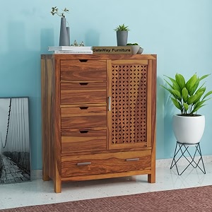 gateway furniture solid sheesham wood 5-drawer wooden chest of drawers with 2-shelf storage - elegant and spacious dresser for your home elias honey finish