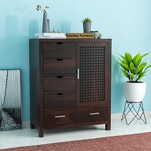gateway furniture solid sheesham wood 5-drawer wooden chest of drawers with 2-shelf storage - elegant and spacious dresser for your home elias walnut finish