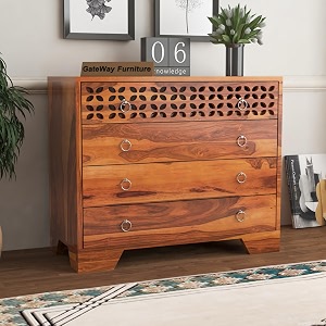 gateway furniture sheesham wooden chest of drawer with 4 spacious drawer storage for elegant living room storage - chest of drawers wooden drawer cabinet for bedroom home decor asher honey finish