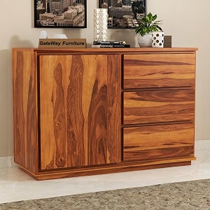 gateway furniture sheesham wooden chest of drawer with 3 drawer amp 2 shelves storage for living room storage - solid wood chest of drawers wooden drawer cabinet for bedroom home owen1_honey finish