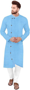 gaurilaxmi enterprise solid cotton blend straight kurta for men light blue