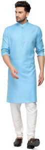 gaurilaxmi enterprise solid cotton blend straight kurta for men light blue