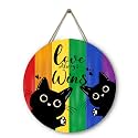 Gay Pride Love Always Wins Front Door Sign Rainbow LGBTQ Black Cat Lesbian Pansexual Wooden Door Hanger Outdoor Indoor Porch Signs Decor Pride Month Indoor Wall Hanging Decoration