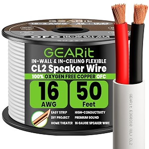 gearit 16 gauge cl2 ofc speaker wire gearit pro series 16awg 50 feet  1524 meters  white oxygen free copper ul cl2 rated in-wall speaker wire cable for home theater car audio and outdoor use